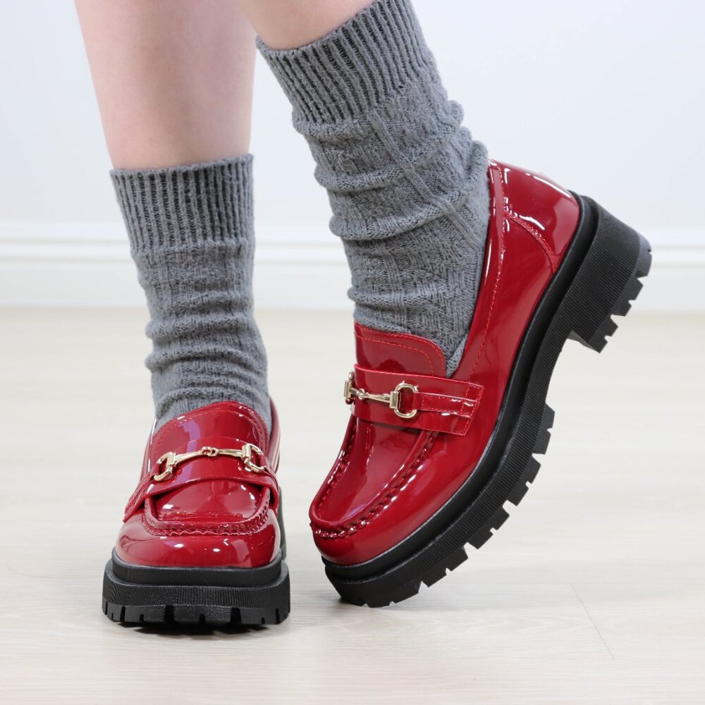 Red Patent Horsebit Loafers Chunky Platform Lug Sole Slip-Ons Grunge 90s Vibes - Picture 13 of 16